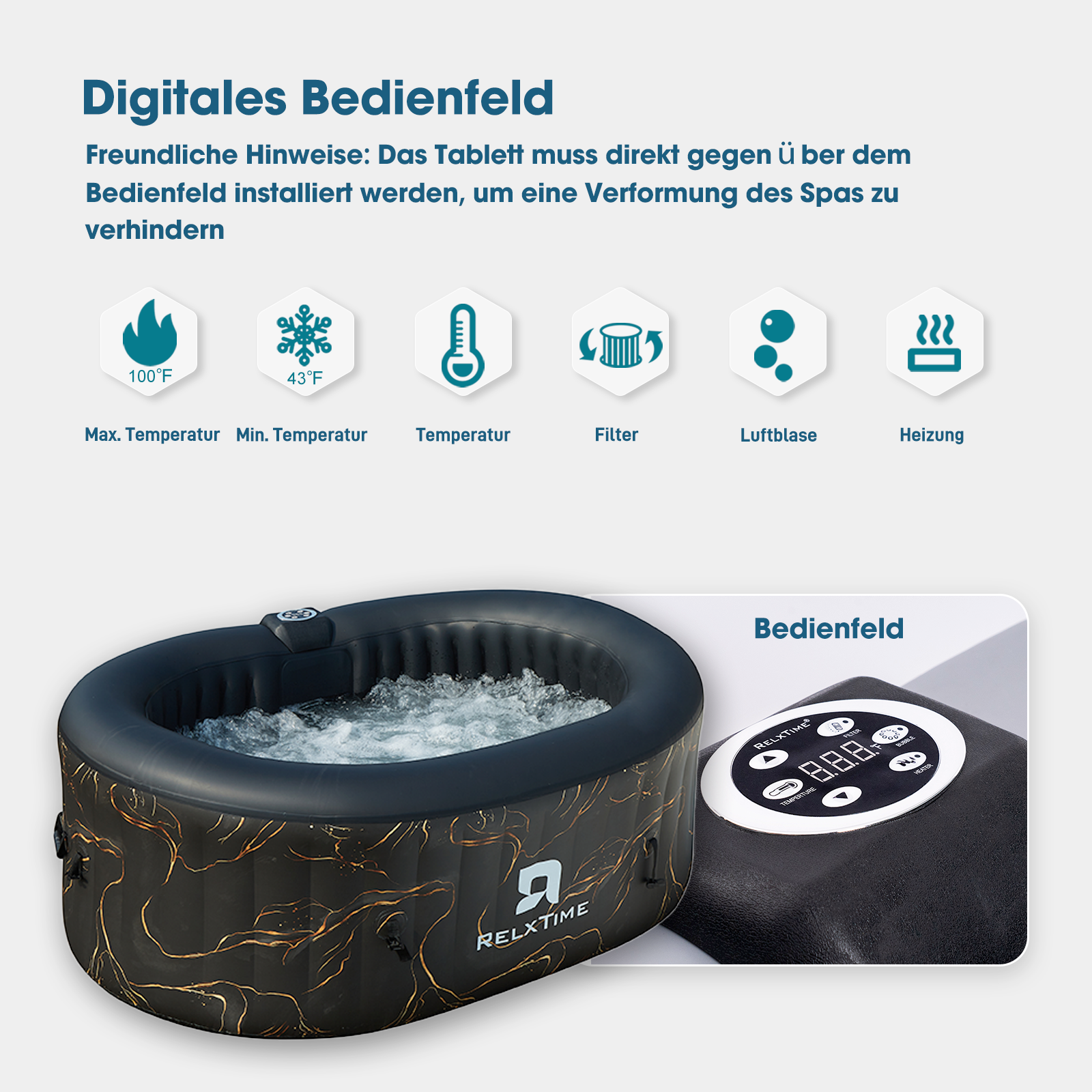 Relxtime Aufblasbarer Whirlpool für 2 Personen, ovaler tragbarer aufblasbarer Whirlpool, LED-Licht, Spa im Freien mit 100 Sprudeldüsen und eingebauter Heizpumpe, 2 Filterkartuschen – HJO2001-DE
