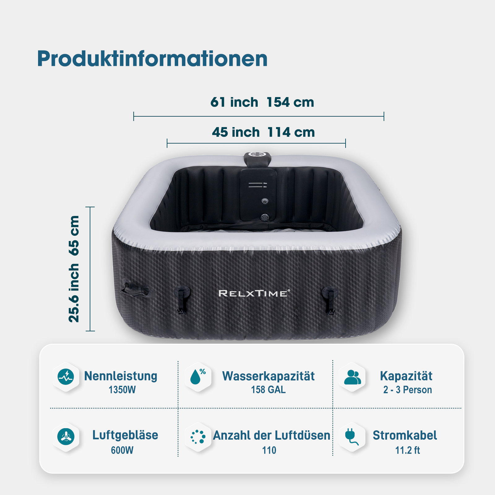 Relxtime Aufblasbarer Whirlpool, quadratisch, für 2–4 Personen, 120 Massagedüsen, schwarz laminiert, klassisches Spa – HS004-DE