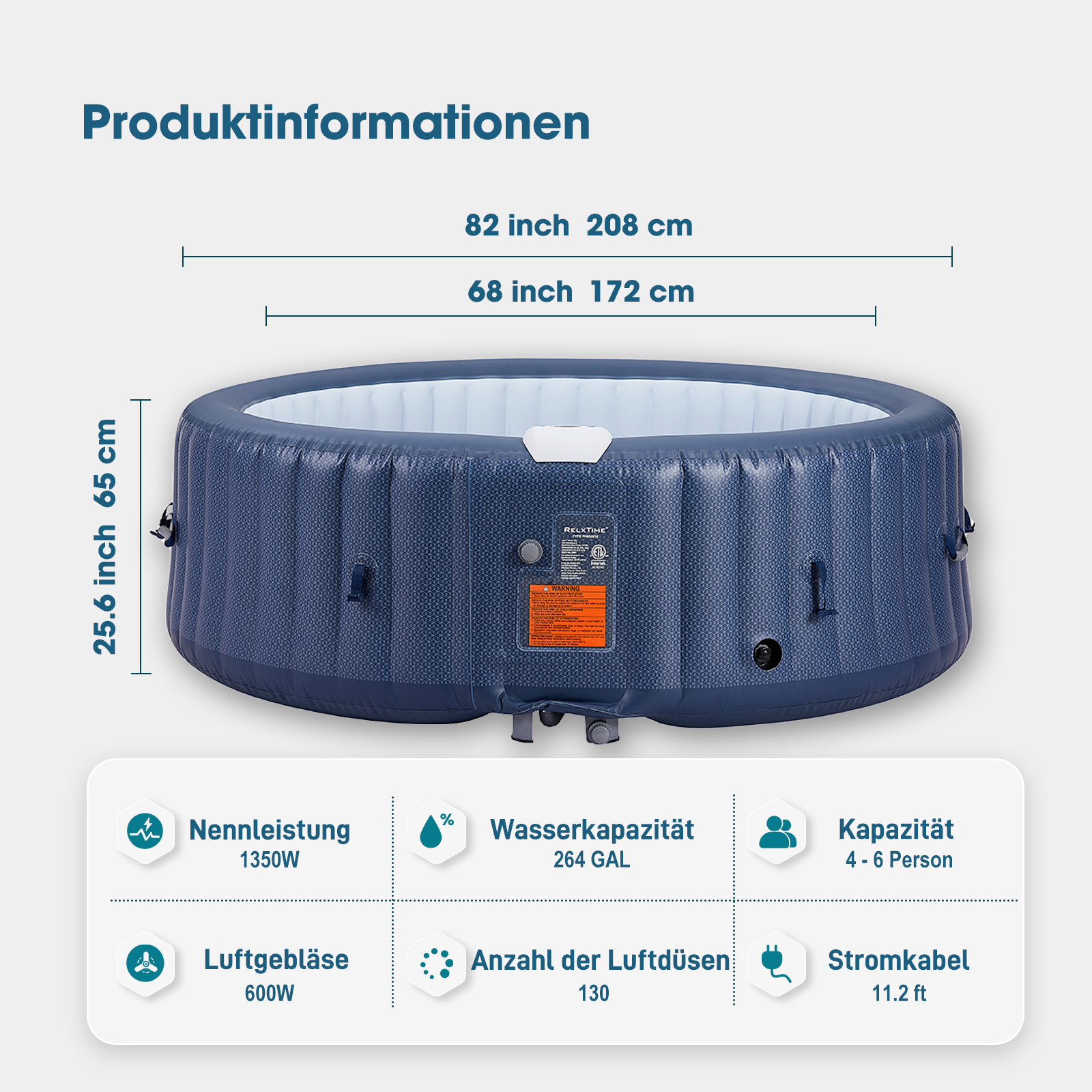 Relxtime runder aufblasbarer Whirlpool für 4–6 Personen mit 130 Massagedüsen und eingebauter Heizpumpe, blau – JIHE001-DE