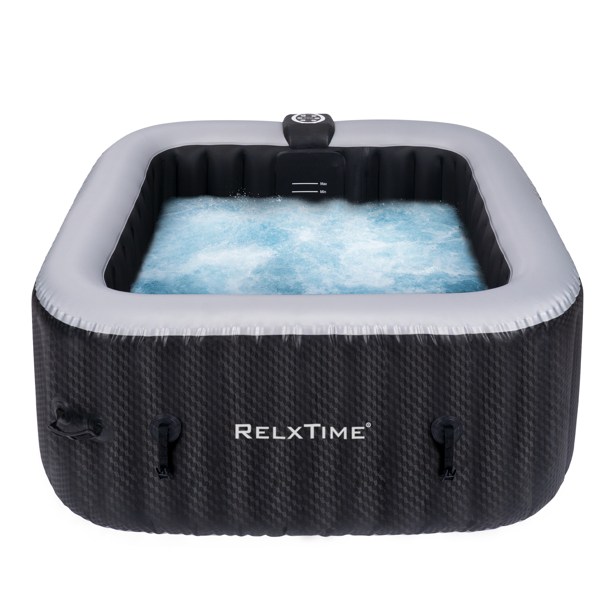 Relxtime Aufblasbarer Whirlpool, quadratisch, für 2–4 Personen, 120 Massagedüsen, schwarz laminiert, klassisches Spa – HS004-DE