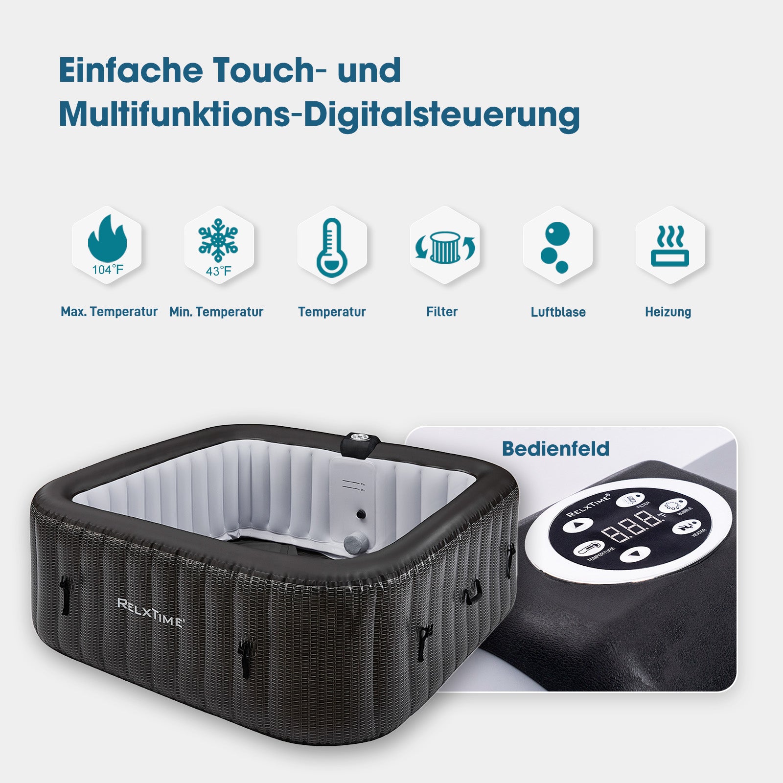 Relxtime Aufblasbarer Whirlpool für 6 Personen, quadratisch, 130 Massagedüsen, schwarz laminiert, klassisches Spa – TB001-DE